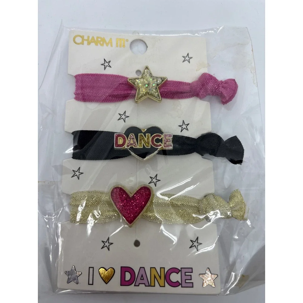 Charm It! I Love Dance Hair Ties Set of 3 Star Heart Gold Black Pink Accessories